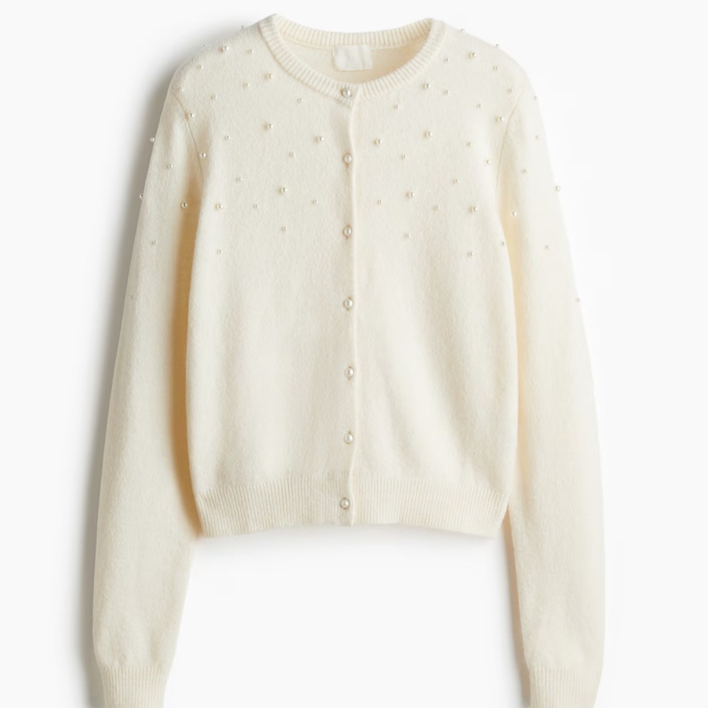 NWT SOLD OUT H&M Cream Pearl Embellished Button-Up Cardigan Size S
